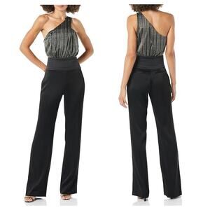 Ramy Brook Scarlett Black Jumpsuit Size 8 One Shoulder Satin Velvet Wide Leg